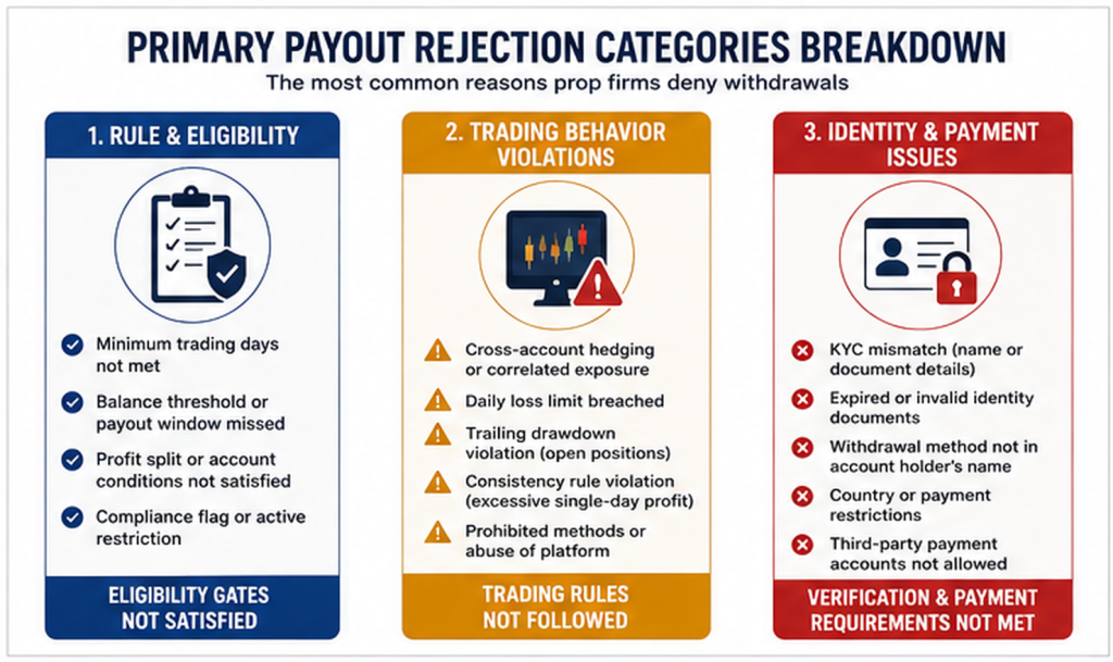 Infographic diagram showing three distinct categories of payout denials: rule eligibility, trading behavior violations, and identity verification issues.