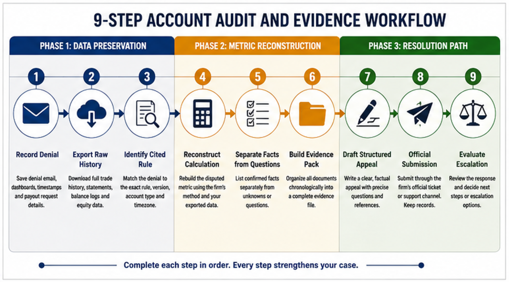 Step-by-step process flowchart illustrating the 9 sequential stages to audit a denied payout and build an evidence file.