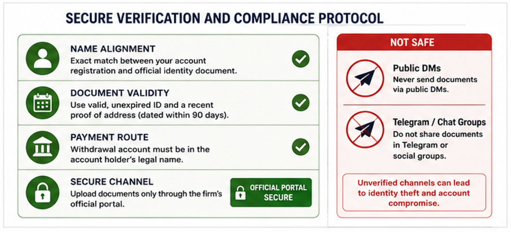 Visual safety checklist displaying key document requirements and secure submission practices for prop firm account verification.