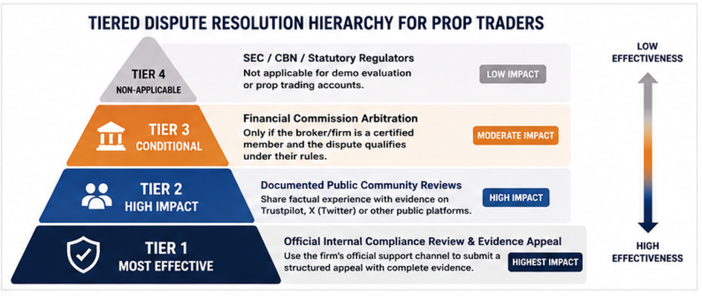 Vertical pyramid diagram illustrating effective escalation channels for disputed payouts, from internal reviews to external bodies.