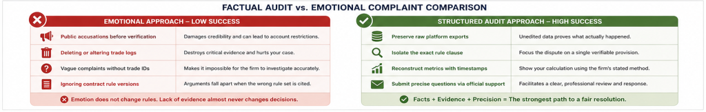 Side-by-side comparison visual contrasting an unproductive emotional dispute with a structured, evidence-based audit file.